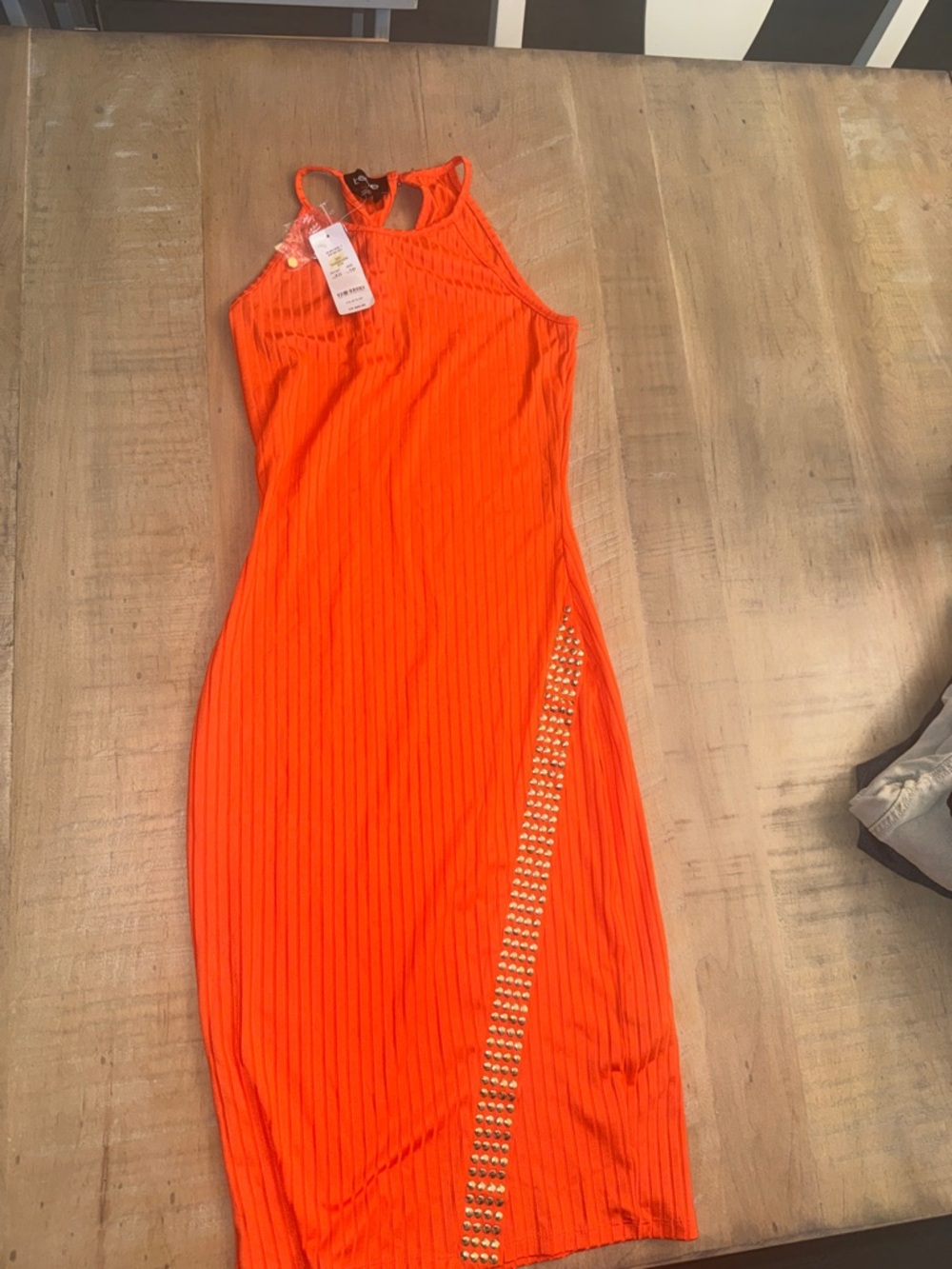 Bebe Orange Stud-Embellished Sleeveless Midi Dress